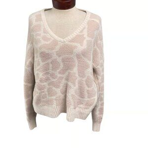 Loft Animal Print Pink White Womens Sweater Size Small Plush Soft V-Neck Stretch
